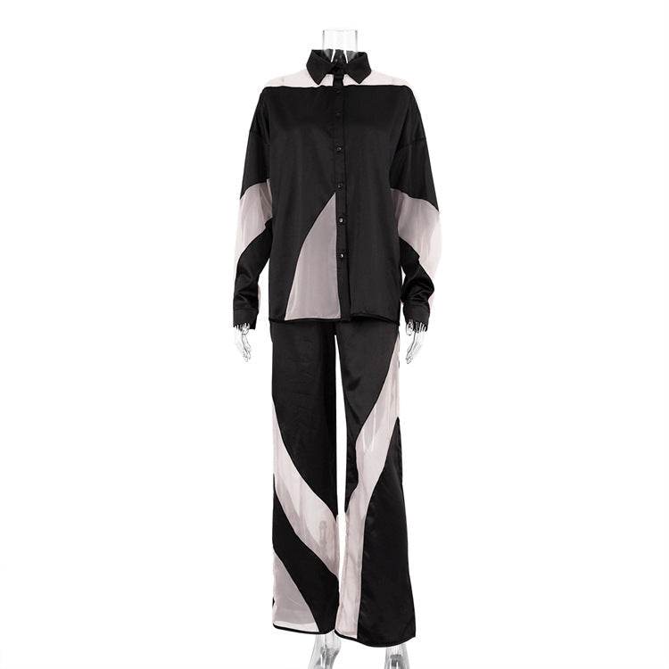 Early Stitching See through sets Long Sleeve Shirt High Waist Trousers Graceful Satin