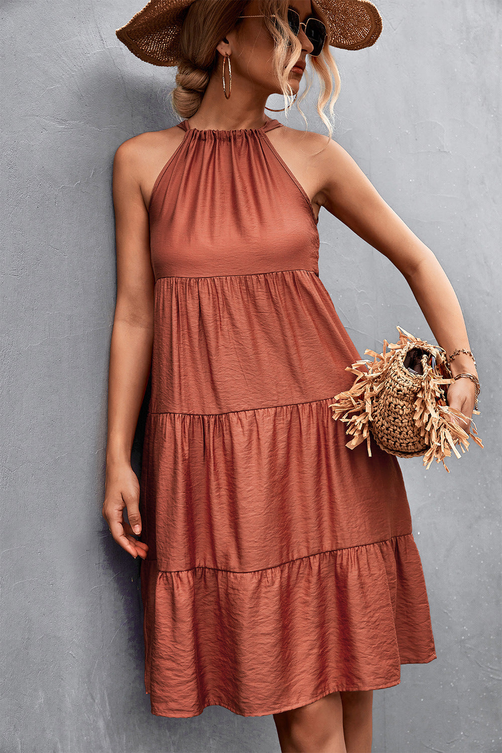 Halter Strap Gathers Stitching Dress
