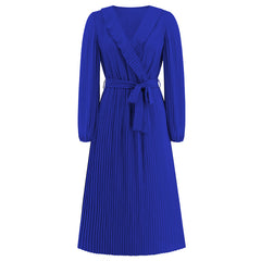 Ruffled V Neck Long Sleeved Pleated Dress Slim Fit Elegant Dress