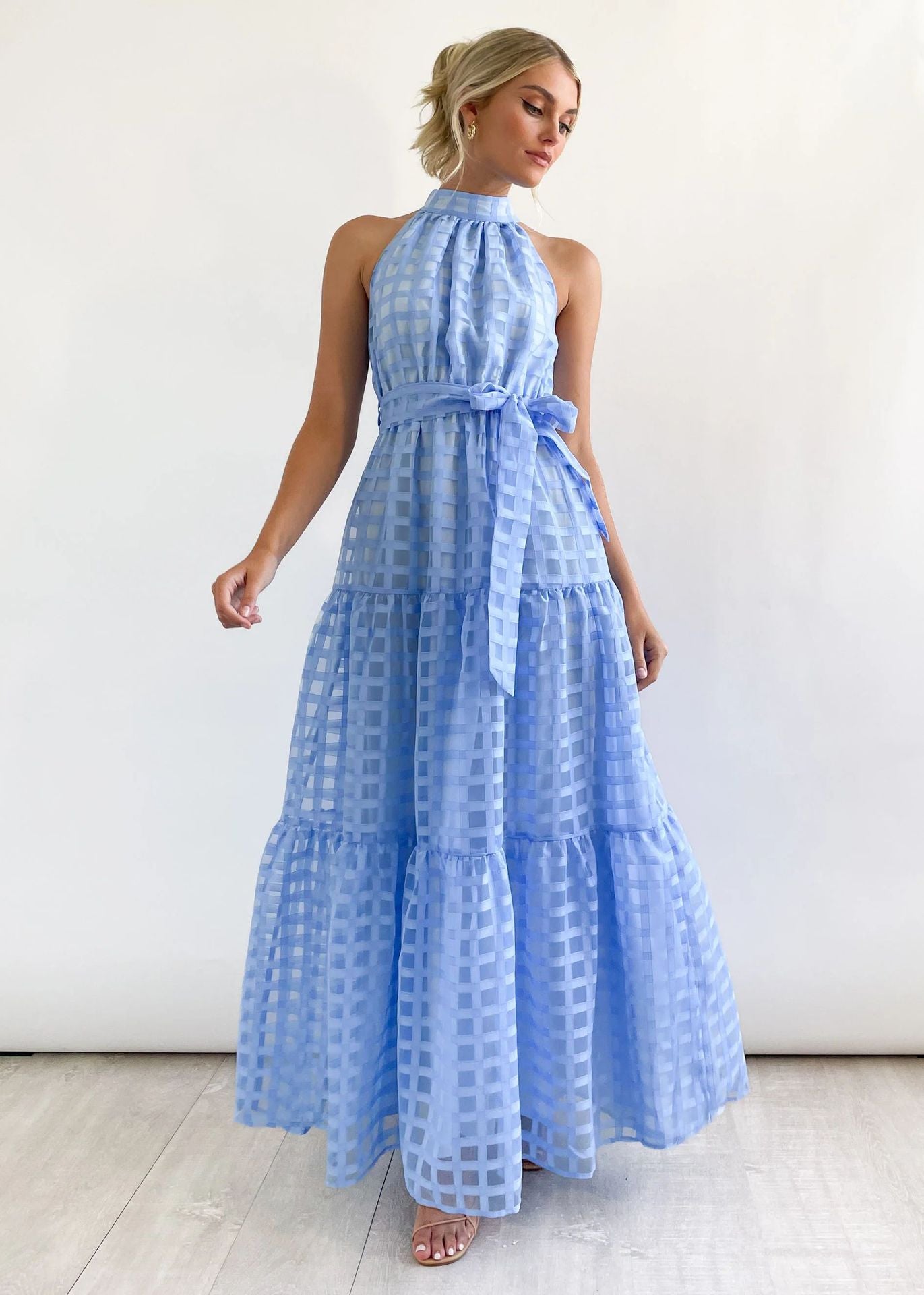 StCollar Einfarbiges kariertes Retro-Maxikleid Freizeitkleid