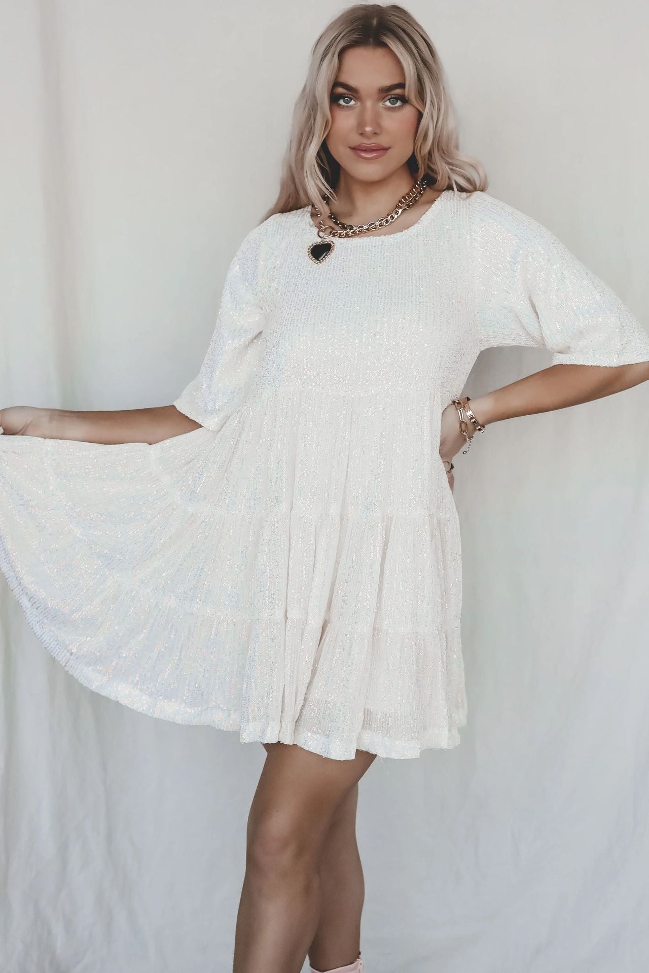 Sequined round Neck Short Sleeve Large Swing Cute Dress