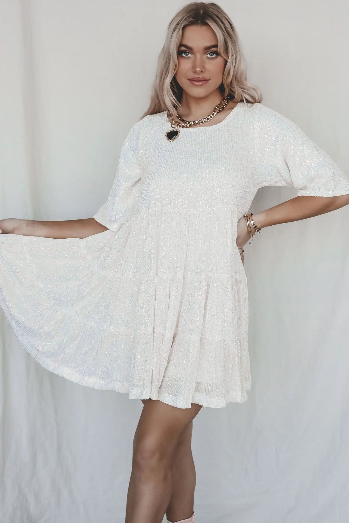 Sequined round Neck Short Sleeve Large Swing Cute Dress