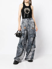 Pantalon large taille haute à grandes poches