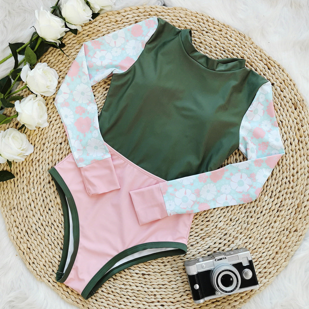 Swimwear Solid Color Printed Patchwork Long Sleeves Surfing Suit Open Back Swimsuit