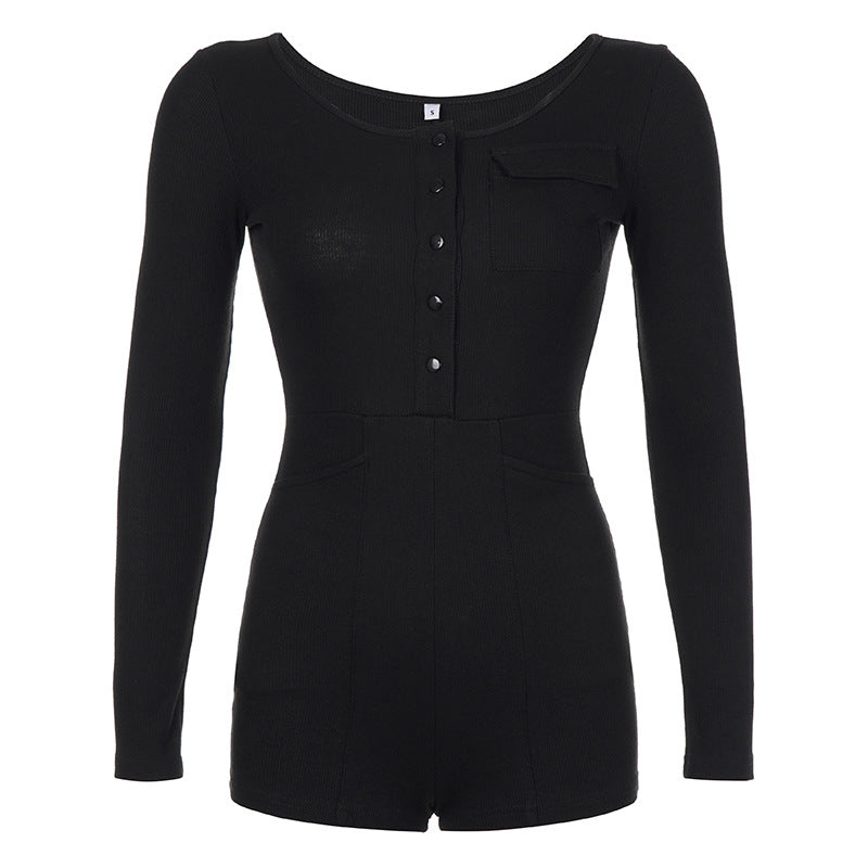 Solid Color Casual Pocket Rib Stitching Long Sleeve Romper Early