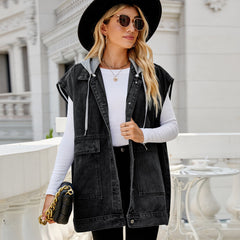 Denim Waistcoat Vest Trendy Denim Sleeveless Hooded Vest Detachable