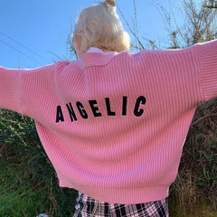 Outer Wear Letter Graphic Angel Embroidery Sweet Knitwear Coat Button Sweater