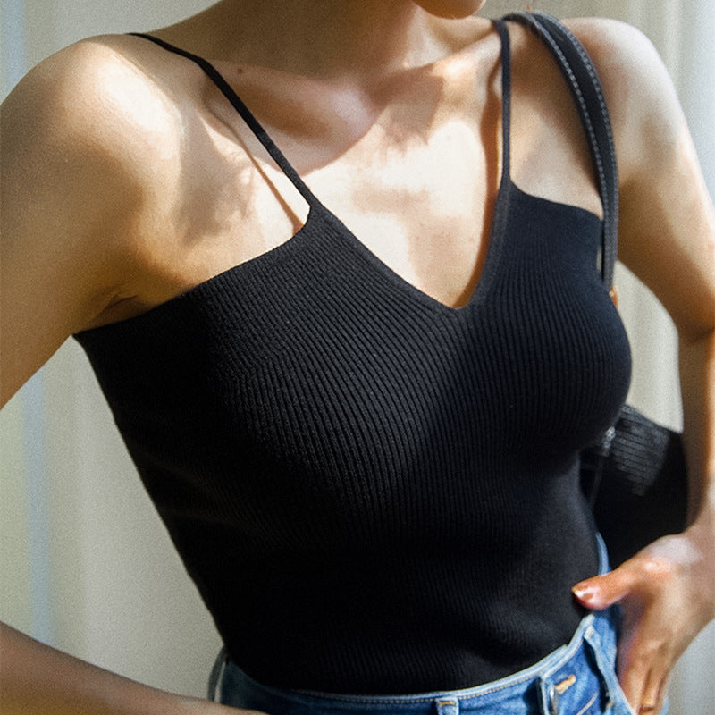 Solid Color Knitted Small Tank Top Strip Vest Sleeveless Top