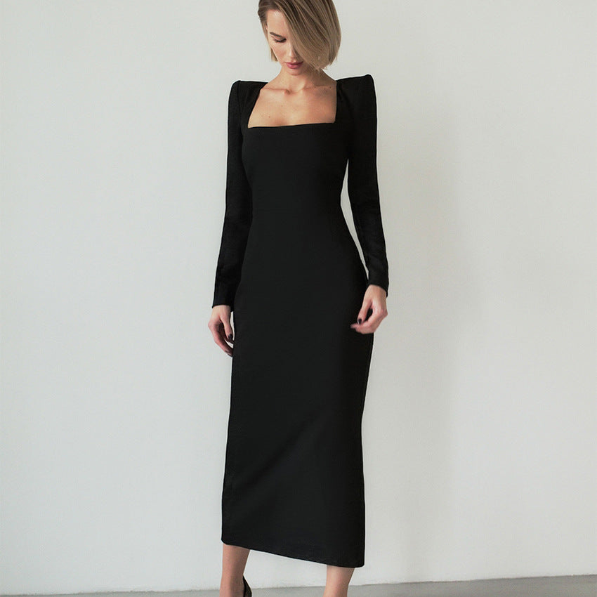 Maxi Dress Square Collar French Black Dress Slim Fit Sheath Dress
