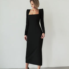 Maxi Dress Square Collar French Black Dress Slim Fit Sheath Dress