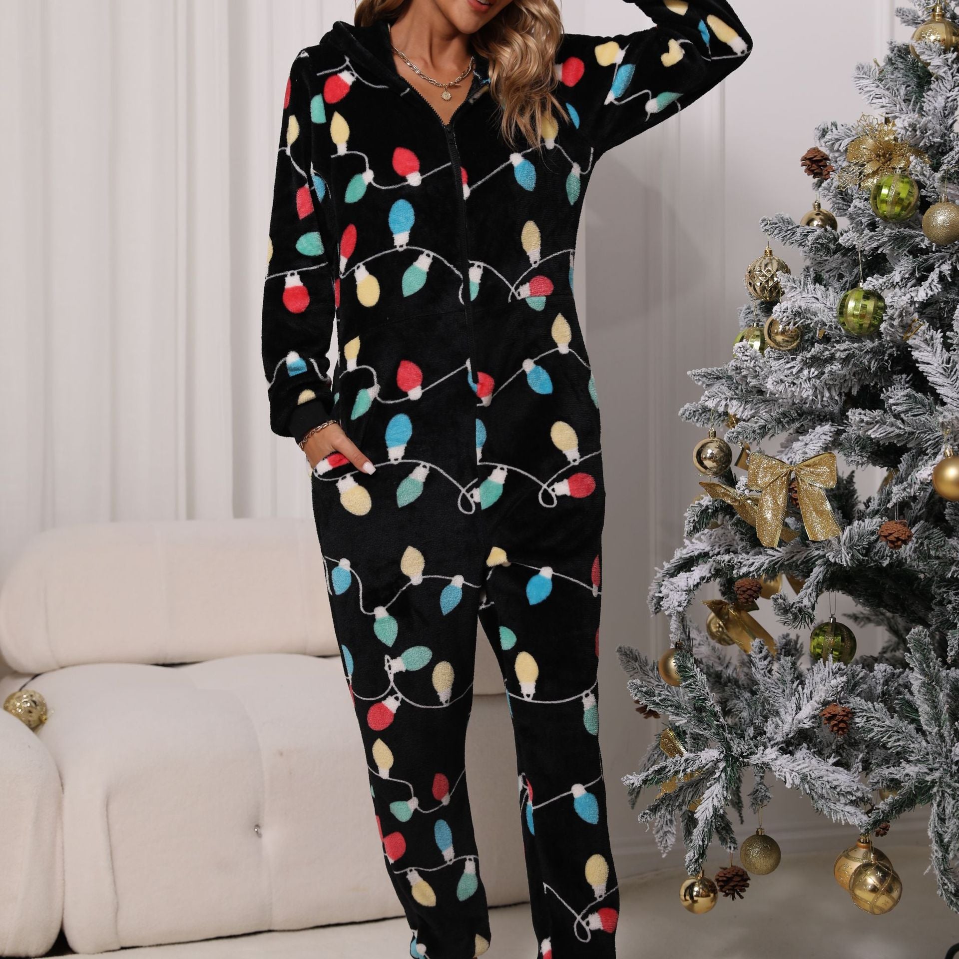 round Neck Home Casual Comfortable Can Be Worn outside Thermal Flannel Christmas Jumpsuit
