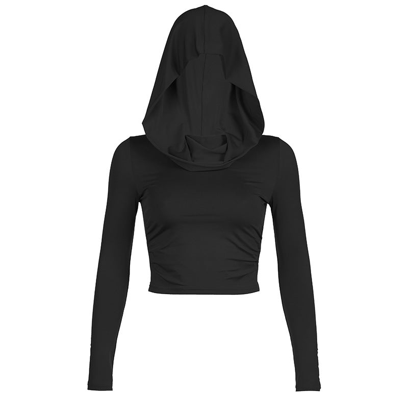 Wear Dune Hooded Top Casual Solid Color Long Sleeve Pleated Cropped T shirt