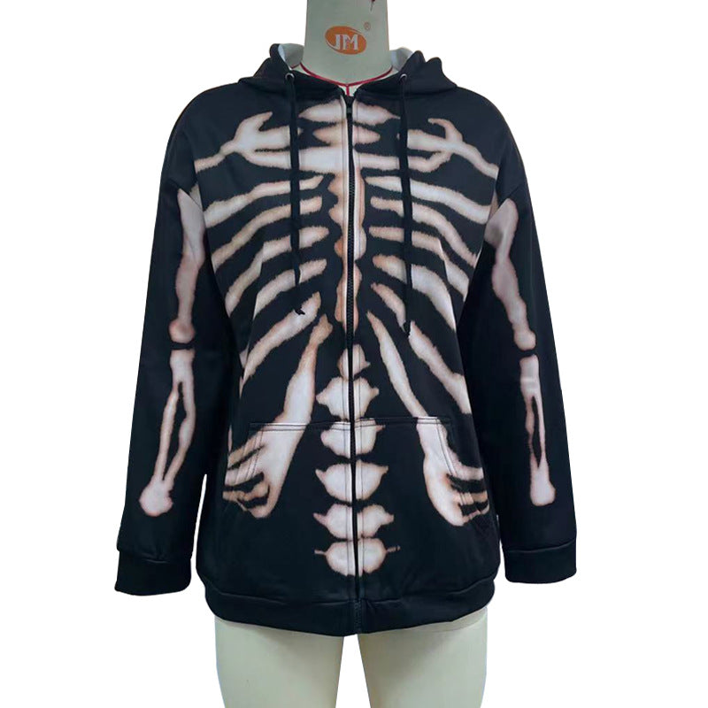 Halloween Hoodies mit langen Ärmeln und Reißverschluss und Totenkopf-Print
