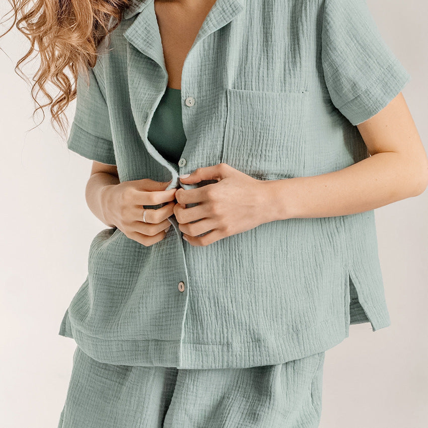 Cotton Linen French Simplicity Sports Shirt Shorts Double Layer Gauze Pajamas Homewear