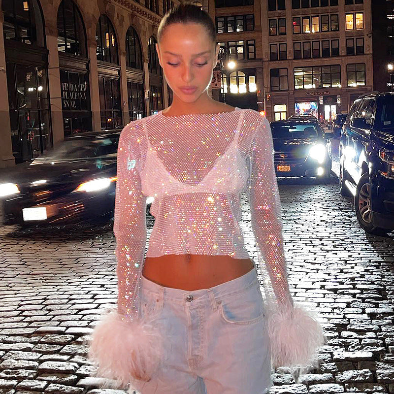 Fall Furry Stitching Grid Hollow Out Cutout cropped Top