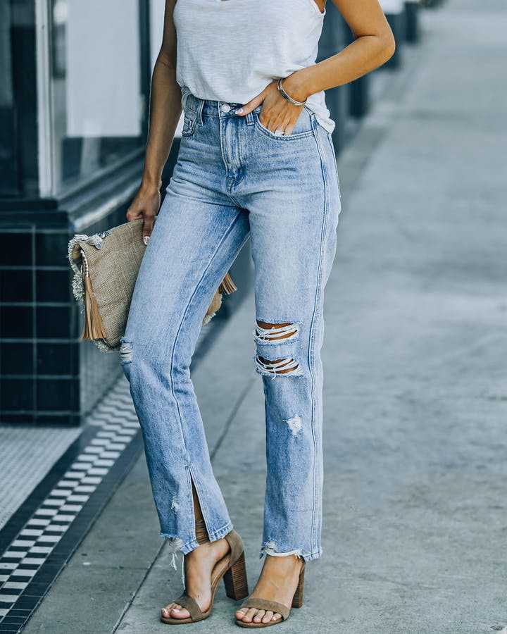 Jean bleu coupe droite style hipster