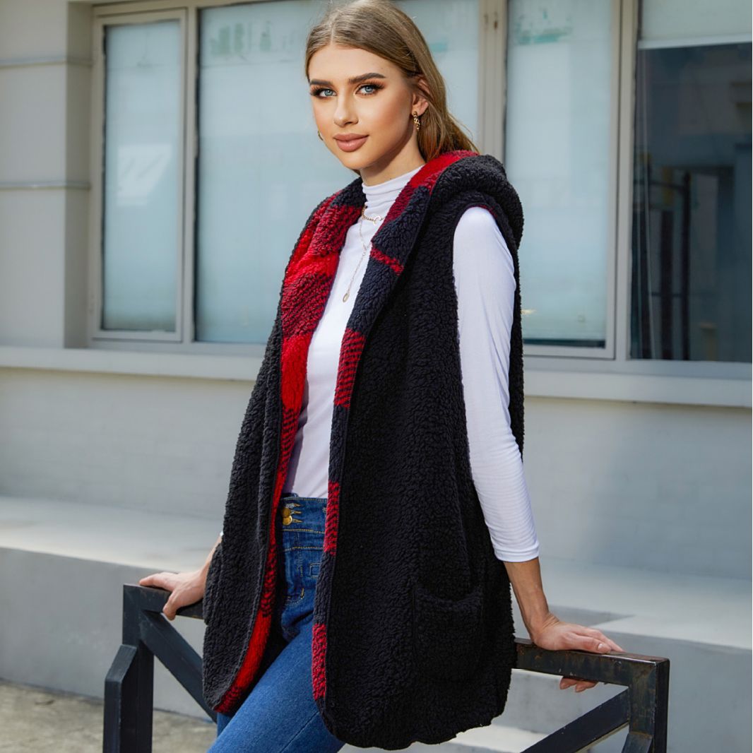 Fall Loose Hooded Buckle Cardigan Plaid Plush Vest Coat