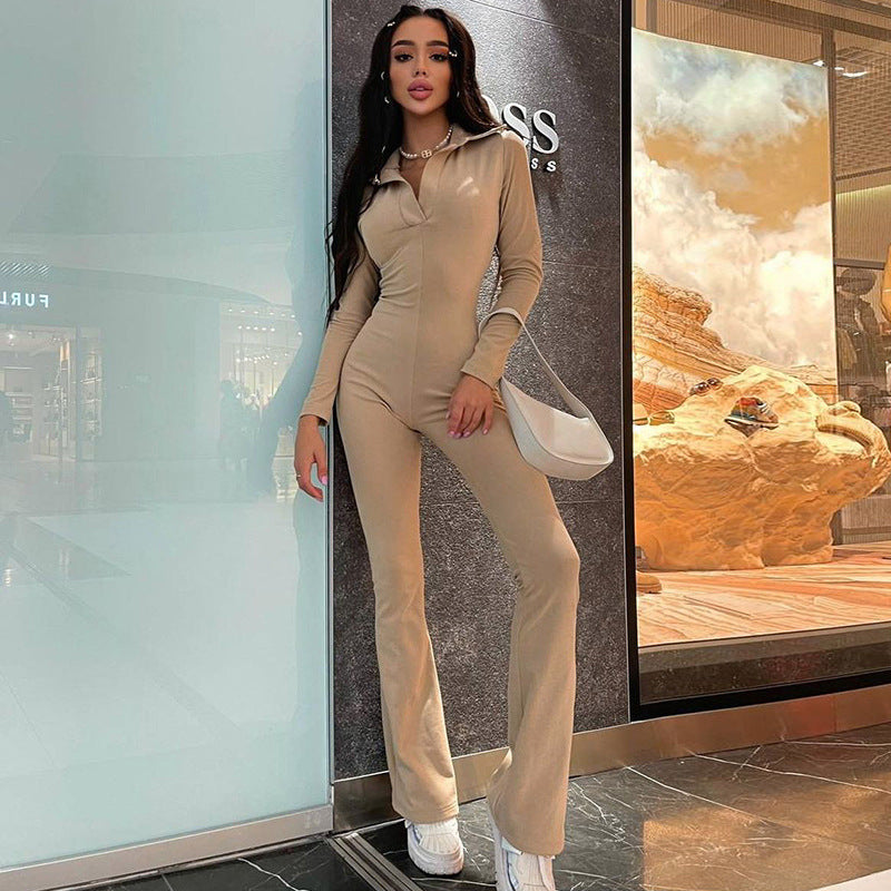 Polo Collar Slimming Long Sleeves Casual Wide Leg Pant Jumpsuit