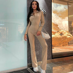 Polo Collar Slimming Long Sleeves Casual Wide Leg Pant Jumpsuit