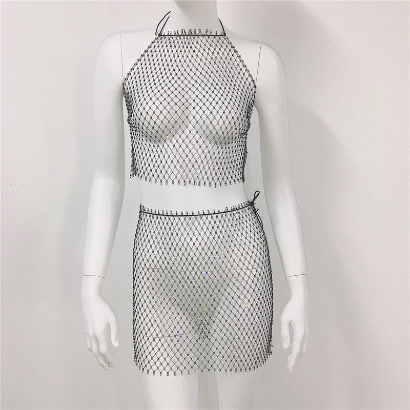 Ensemble jupe de plage en maille avec bretelles en résille et strass