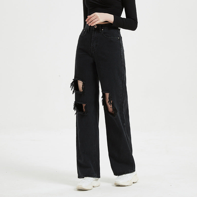 Jean taille haute déchiré et pantalon droit