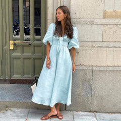 Elegantes französisches Kleid, tief ausgeschnitten, V-Ausschnitt, Puffärmel, hohe Taille, Baumwoll-Leinen-Kleid