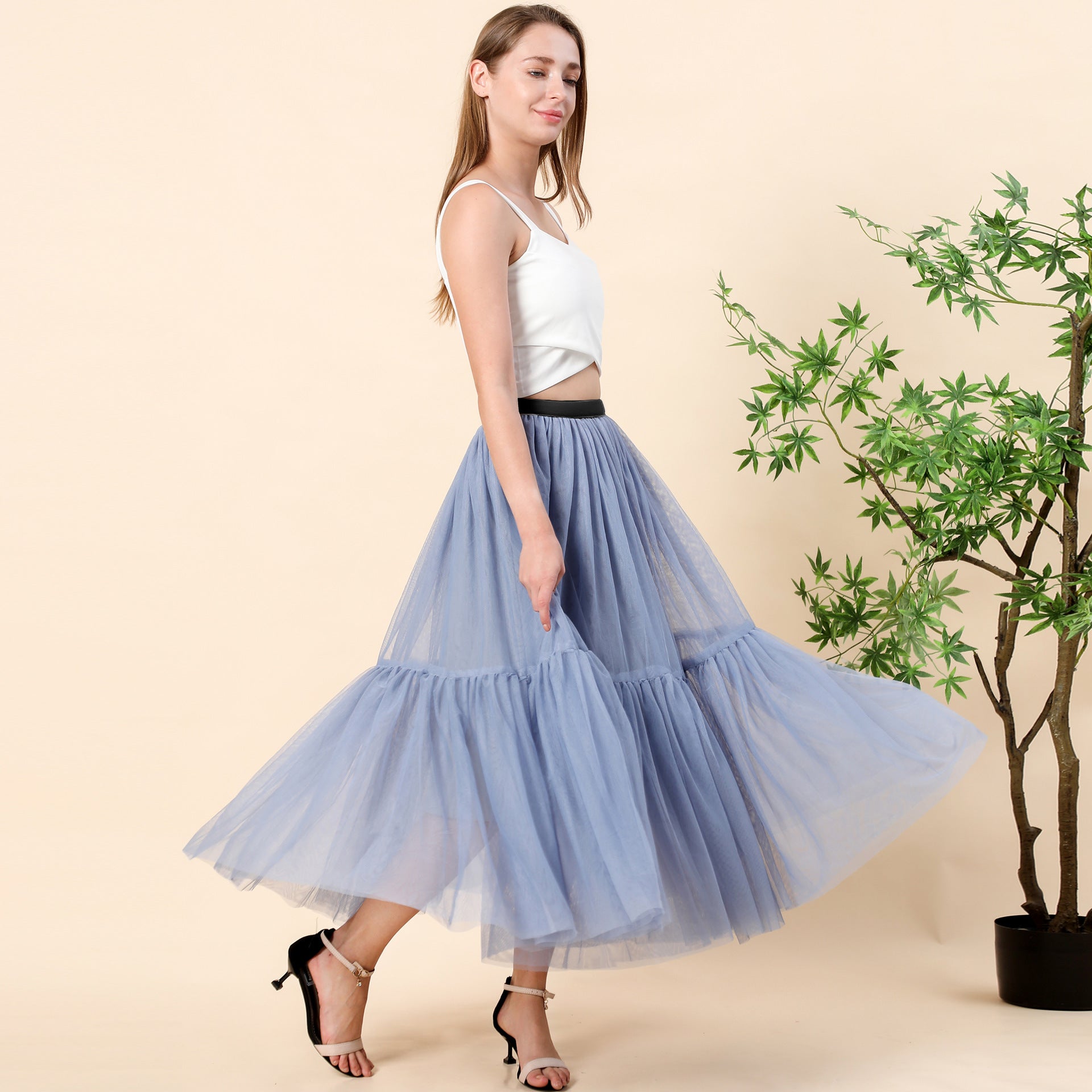 Langes bodenlanges Kleid Übergroßer Swing-Netzrock Patchwork-Maxikleid A-Linie Pettiskirt mit hoher Taille