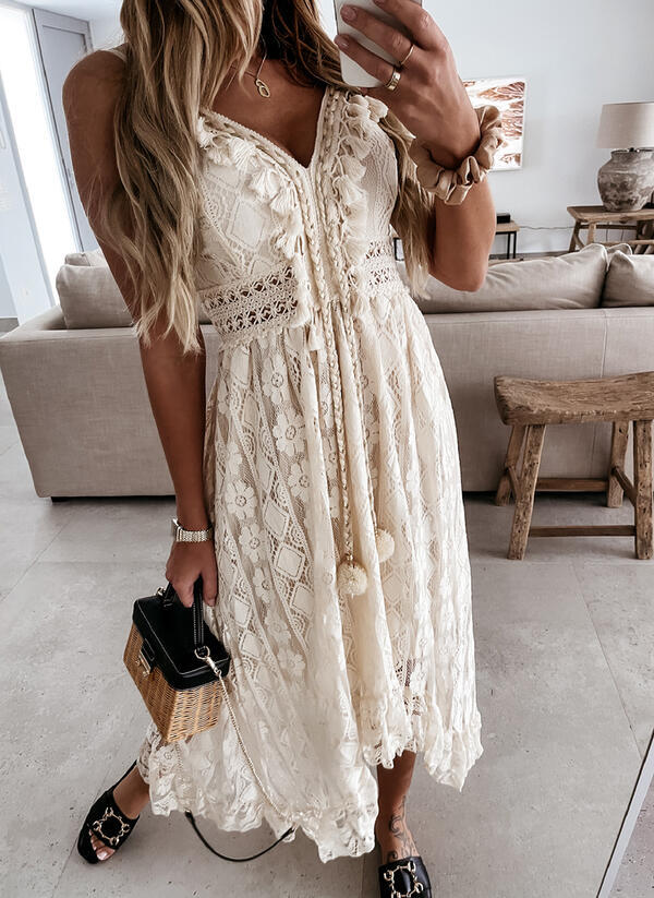 Lace Sling Large Swing Solid Color Long Maxi Dress