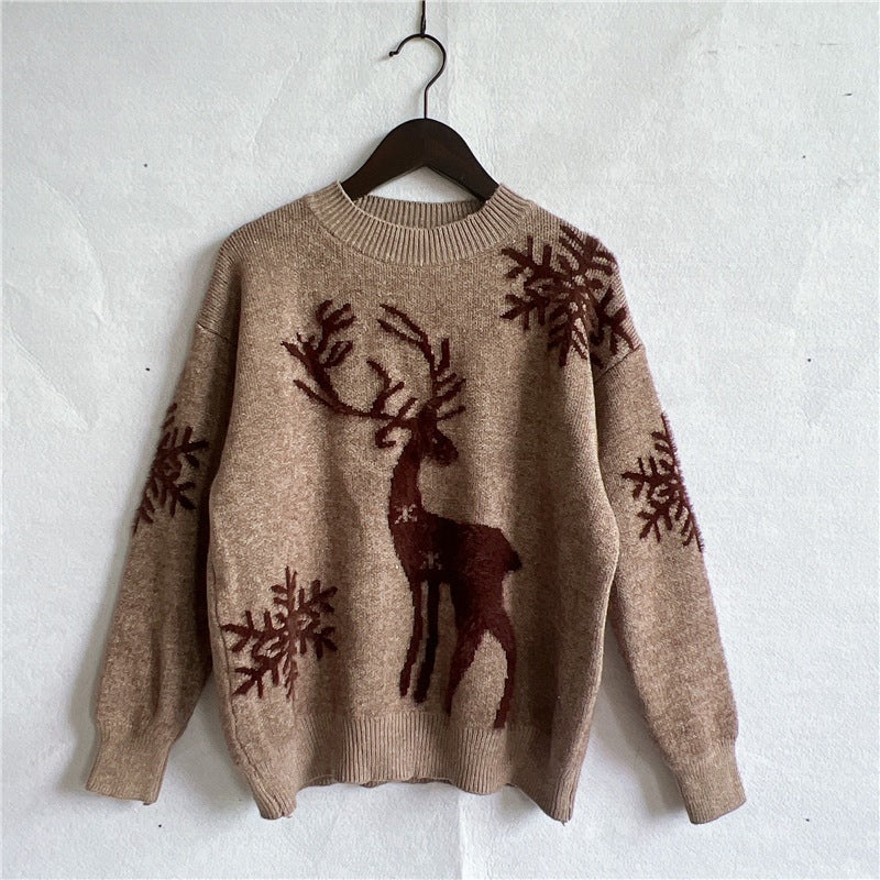 round Neck Long-Sleeved Christmas Sweater Year Snowflake Deer Jacquard Knitted Pullover