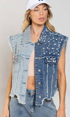 Denim Vest Splicing Beads Loose Short Denim Jacket