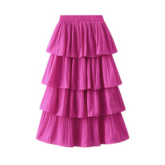 Wooden Ear Stitching Pleated Big Hem Skirt's Mid Length Tiered Dress