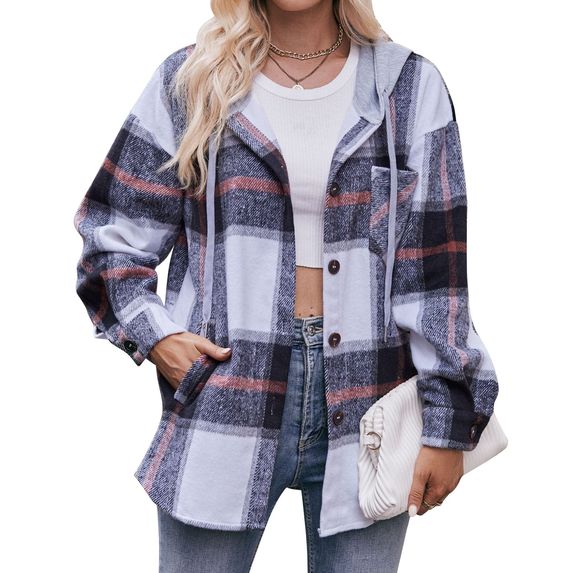 Hooded Jacket Casual Mid Length Plaid Shirt