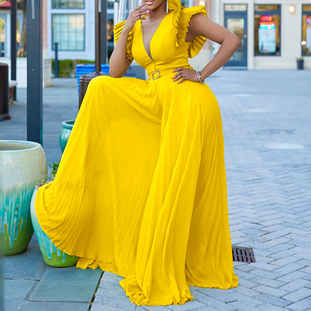 With Belt Deep V Plunge Pleated Wide Leg Jumpsuit