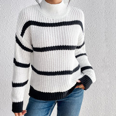 Simple Solid Color Half Collar Striped Pullover Knitted Sweater