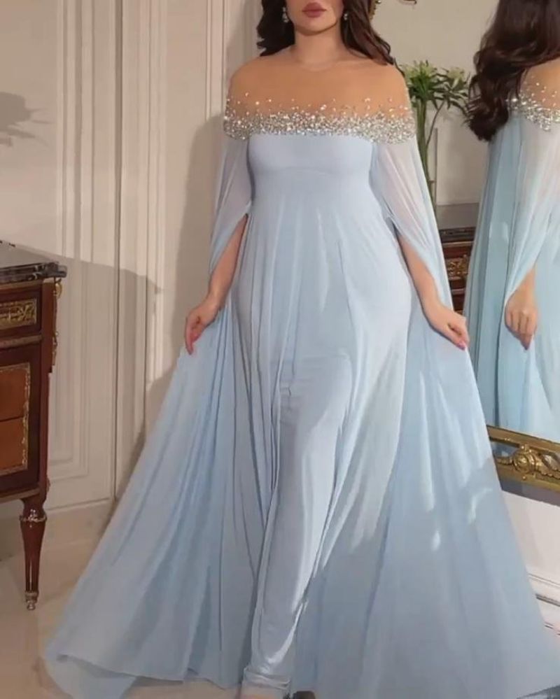 Middle East High Waist Rhinestone Pearl Chiffon Cocktail Evening Dress