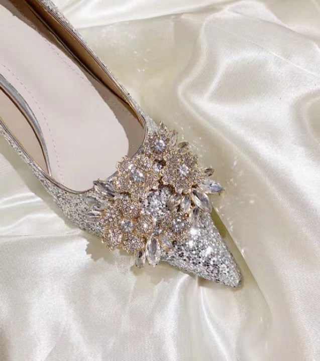 French Pointed Toe Stiletto Rhinestone Flower