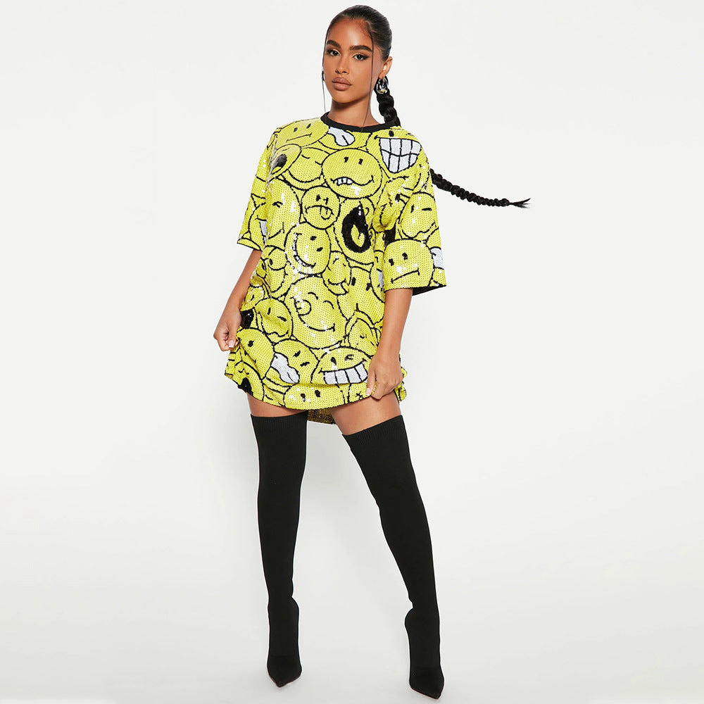 Round Neck Half Sleeved Loose Sequin Printed Dress Party Sequin Model Night Club Graphic