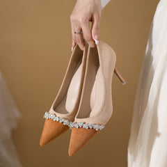 Women's Pointed Toe Shining Rhinestone Suede Black