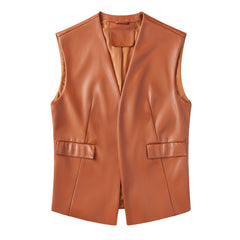 Sleeveless Faux Leather Vest Loose Plus Size Vest Cardigan Short Coat