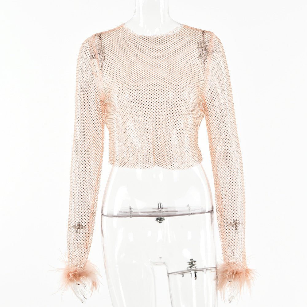 Fishnet T shirt Long Sleeve Short Top