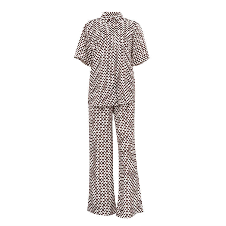 Printing Suit Short Sleeve Collared Shirt Lace up Trousers Two Piece Set