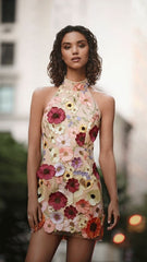 Embroidered Three Dimensional Floral Halter Slim Dress Small Dress