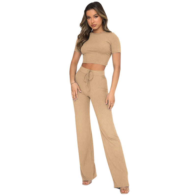 Casual Set Solid Color High-Elastic Body Shaping Short Sleeve Sunken Stripe Wide Leg Pants Two-Piece Set