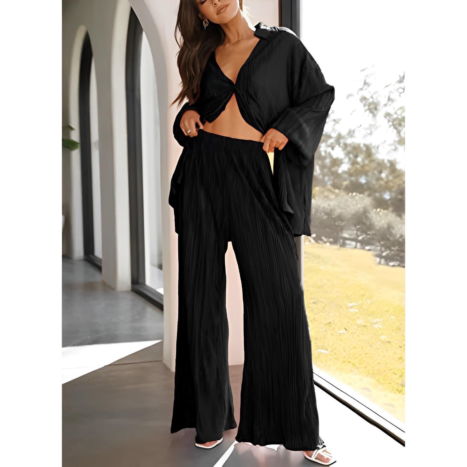 Solid Color Pleated Single Breasted Top High Waist Wide Leg Bell Bottoms Homewear Suit