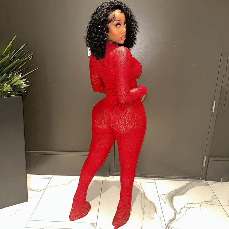 Lace Hollow Out Cutout out See through Jumpsuit Trousers Sets