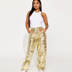 Glossy Trousers Christmas Bright Color Stretch Leather Zipper Ankle Banded Slacks