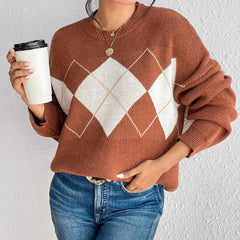 Simple Color Contrast Patchwork Diamond Lattice Pullover Knitted Sweater