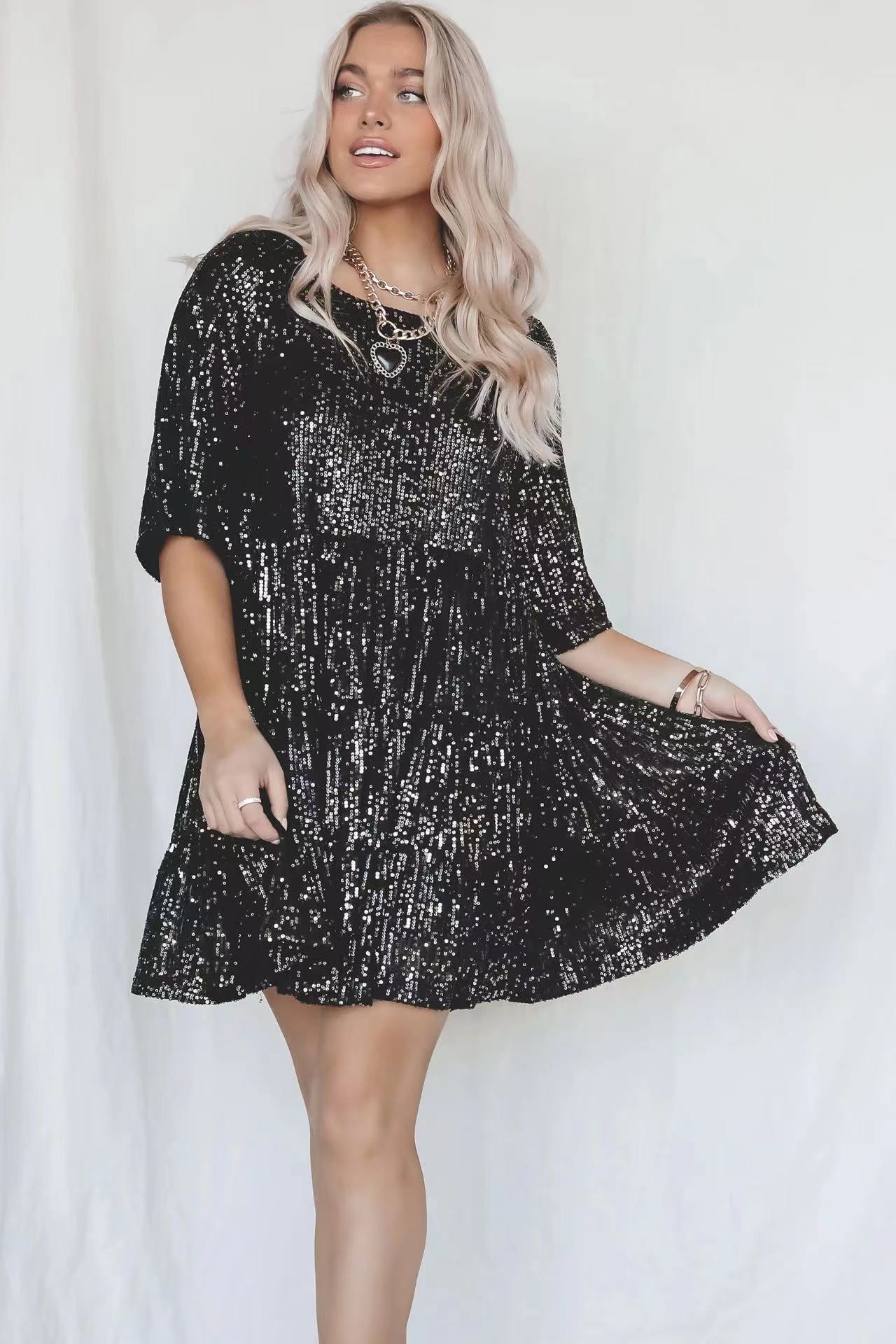 Sequined round Neck Short Sleeve Large Swing Cute Dress