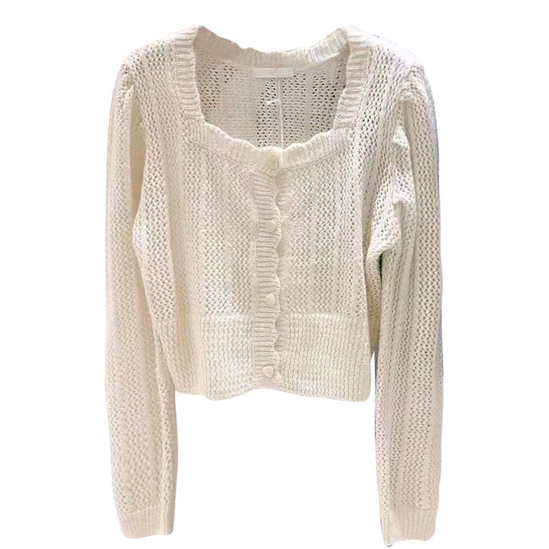 French Square Collar Knitted Sweater Cardigan Long Sleeve Short Sweater