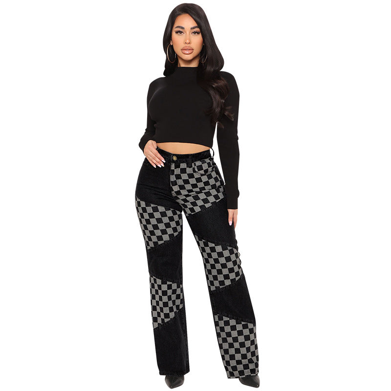 Denim Plaid Contrast Color Straight Jeans